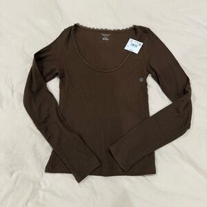 American Eagle Ribbed Brown Lace Top